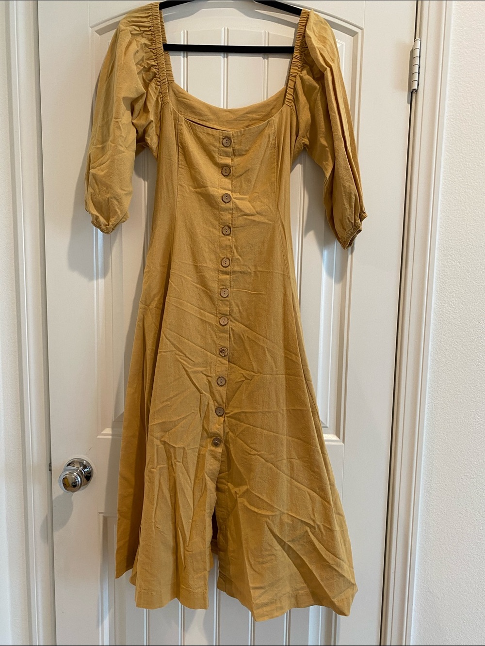 By Together Mustard Button-Front Midi Dress with Puff Sleeves